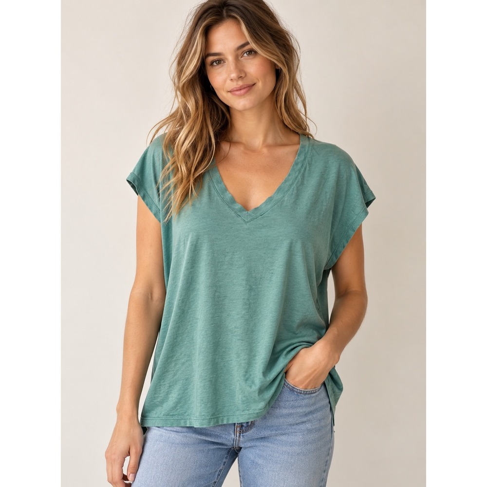 Nordstrom Womens Teal Blue V-Neck Muscle Tee Sleeveless Cotton Top Large‎